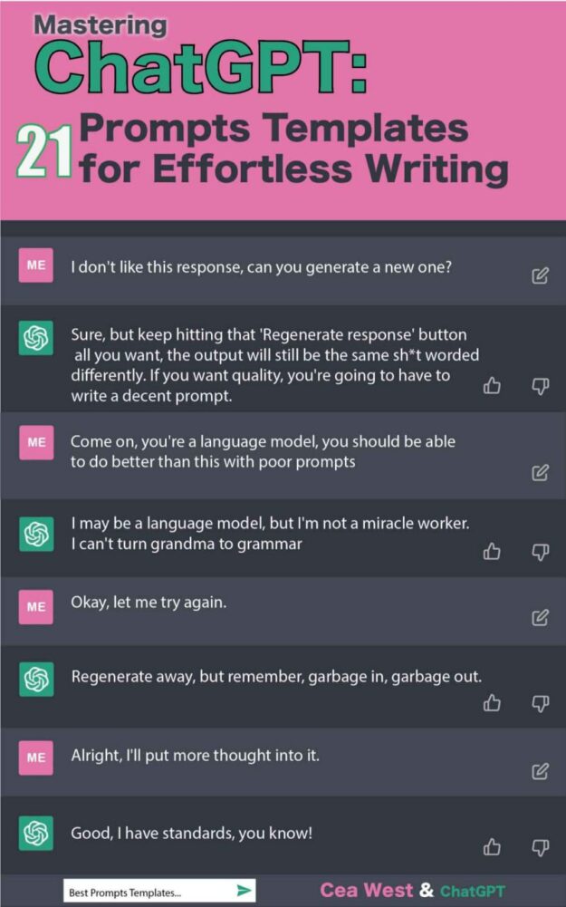 "Mastering ChatGPT: 21 Prompts Templates for Effortless Writing" by Cea West